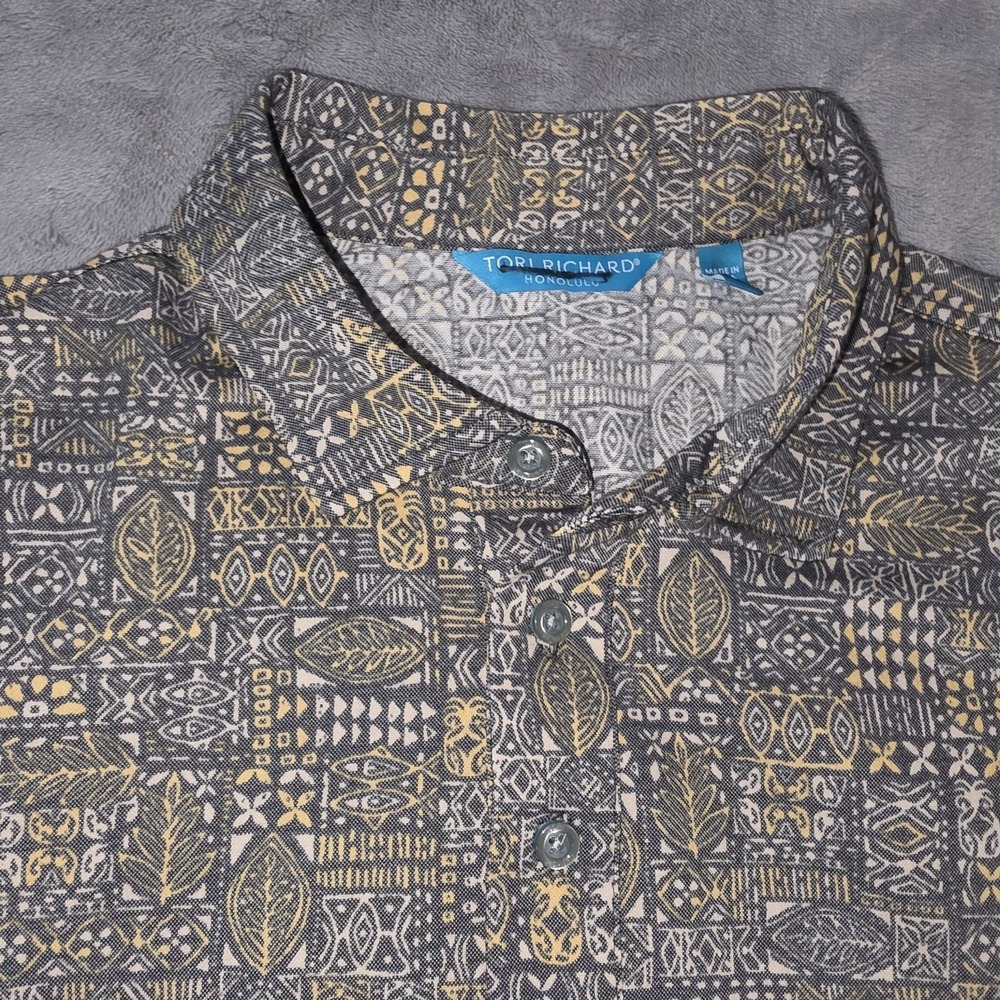Tori Richard Hawaiian Mens Button Up Shirt Cotton Gray Geometric Size Medium